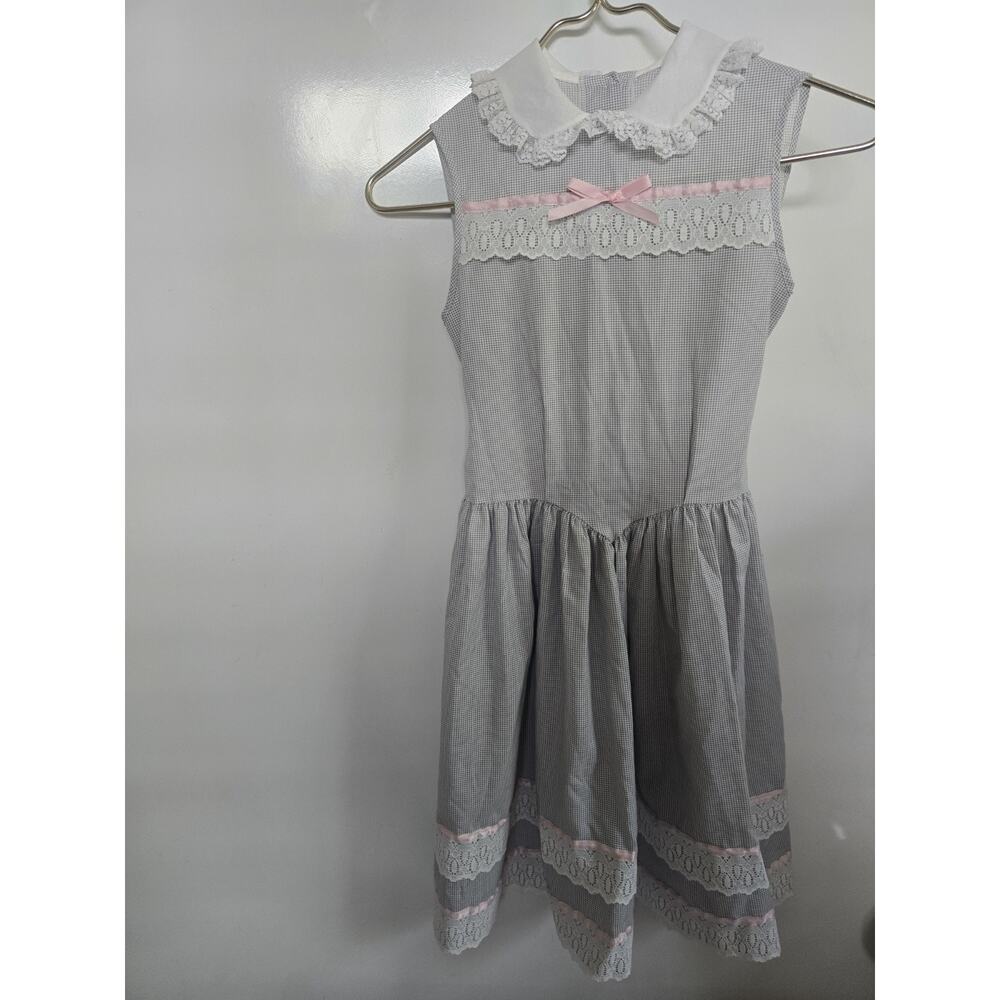Homemade Girl's Party Dress Gray White checked Size 12-14? see measurements 80s